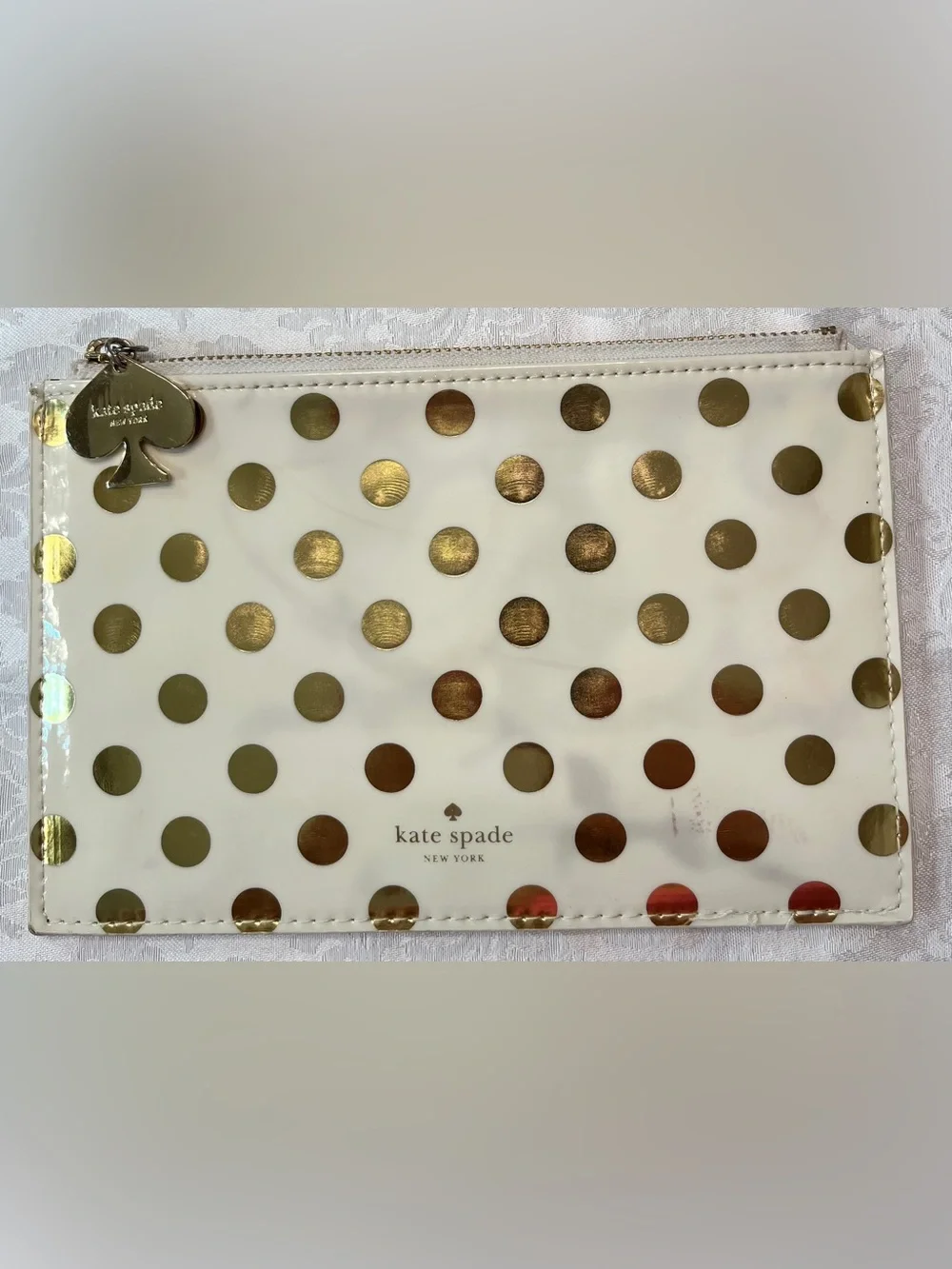 Kate Spade Cream and Gold Polka Dot Zip Pouch with Gold Spade Charm